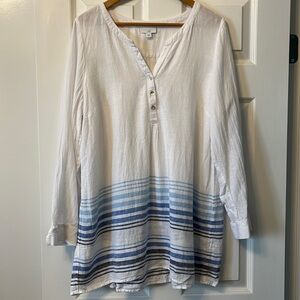 JJill lightweight white with blue stripes linen/rayon long sleeve tunic. Sz L.